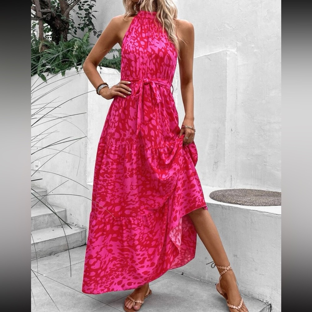 Boho leopard print belted halter maxi dress